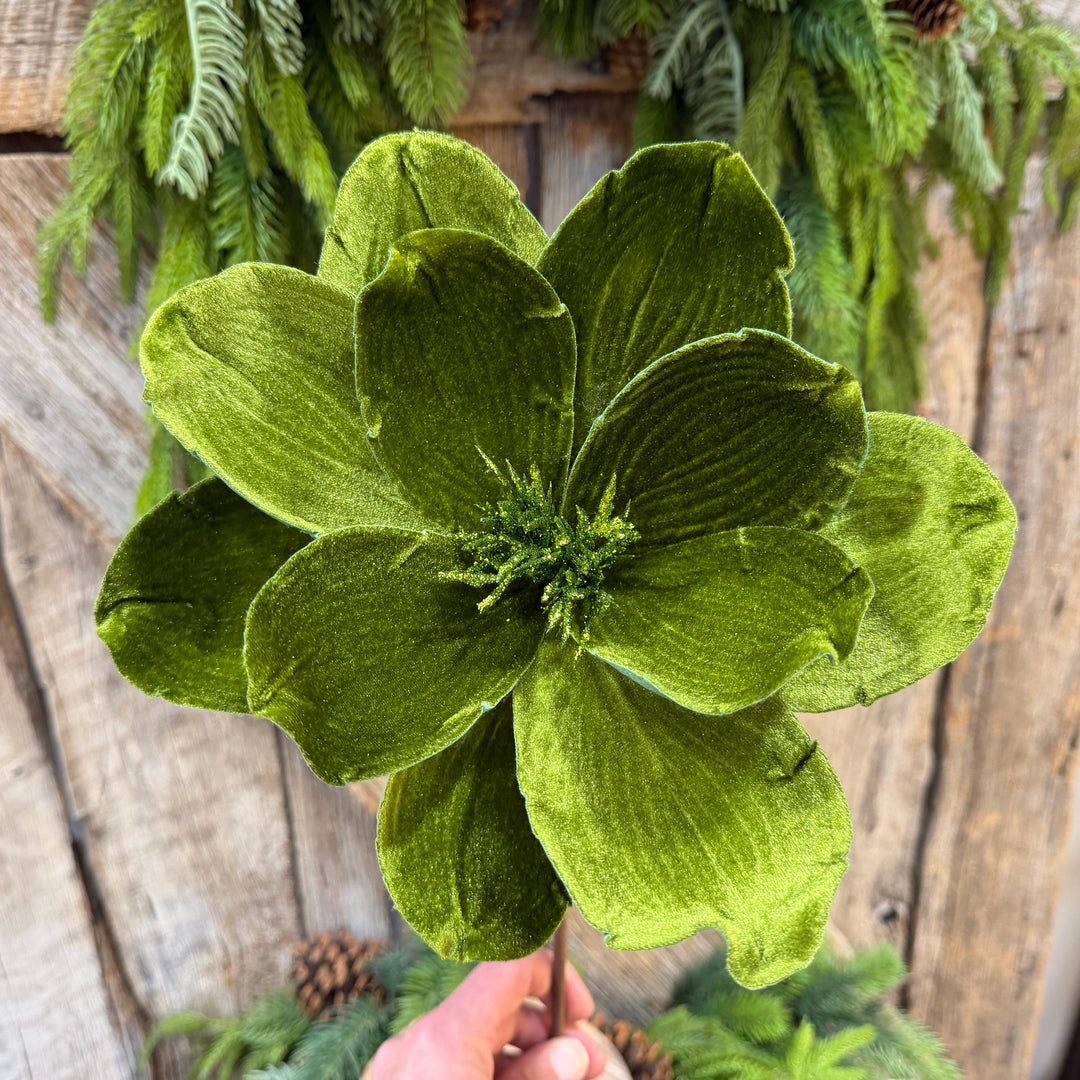 24" Forest Green Velvet Magnolia, Olive Green Magnolia for Christmas
