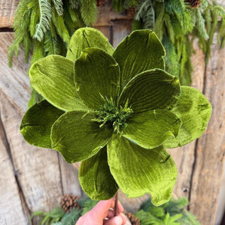 24" Forest Green Velvet Magnolia, Olive Green Magnolia for Christmas