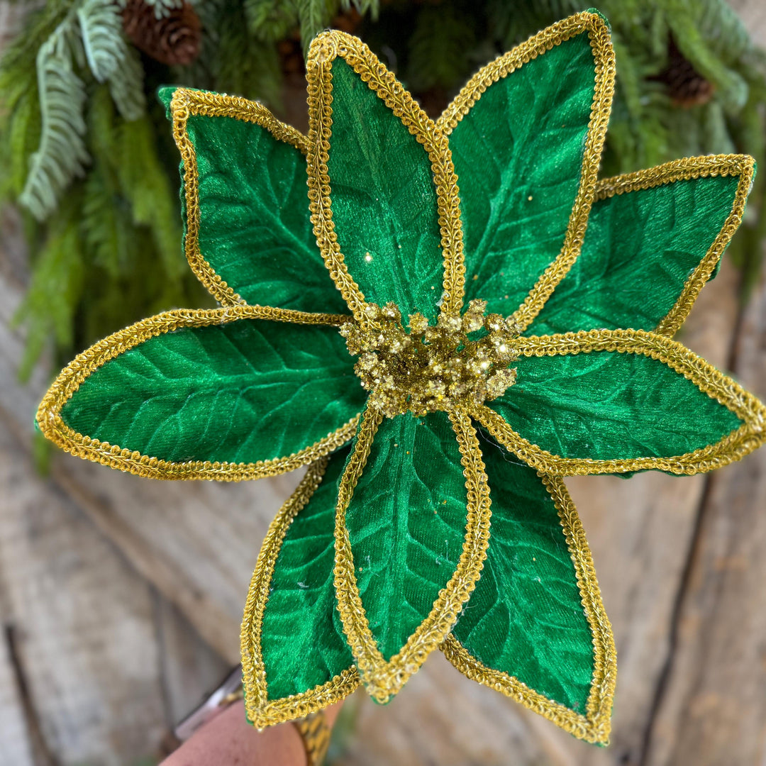 21" Green Velvet Poinsettia with Gold Trim - Christmas Tree Floral Decor