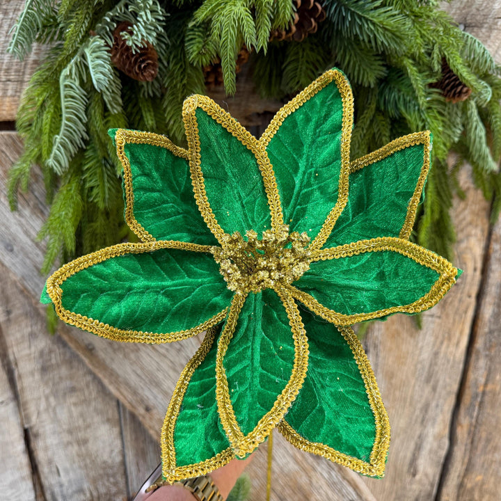 21" Green Velvet Poinsettia with Gold Trim - Christmas Tree Floral Decor