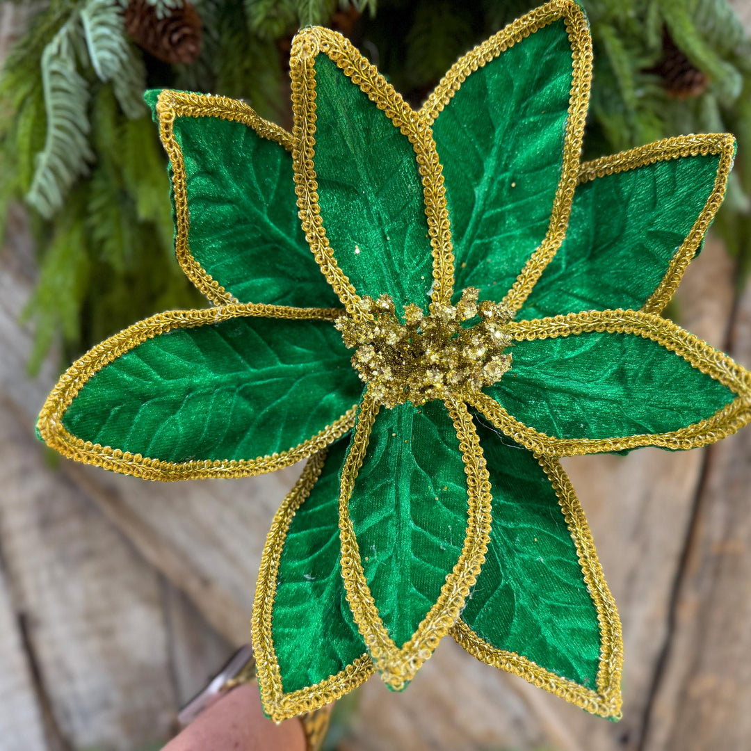21" Green Velvet Poinsettia with Gold Trim - Christmas Tree Floral Decor