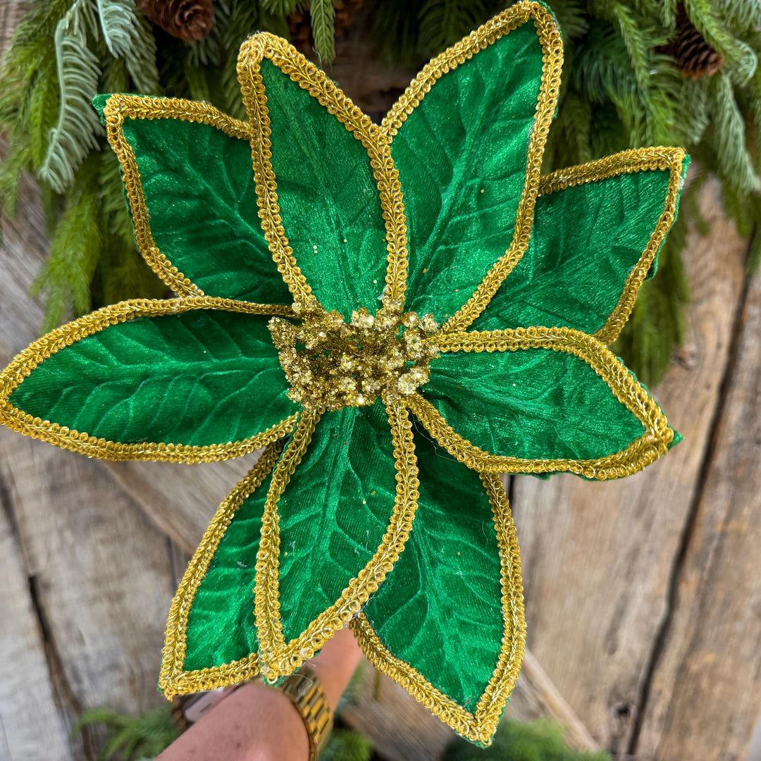 21" Green Velvet Poinsettia with Gold Trim - Christmas Tree Floral Decor