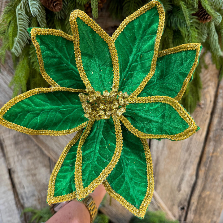 21" Green Velvet Poinsettia with Gold Trim - Christmas Tree Floral Decor