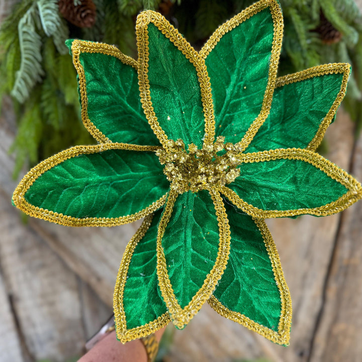 21" Green Velvet Poinsettia with Gold Trim - Christmas Tree Floral Decor