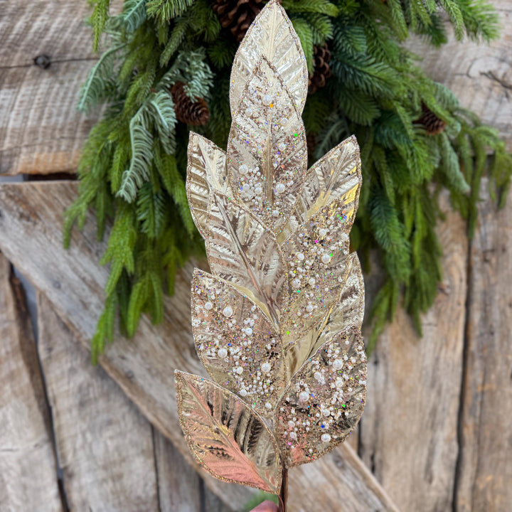 29" Champagne Leaf Spray, Pearl Glitter Christmas Pick, Holiday Wreath Filler