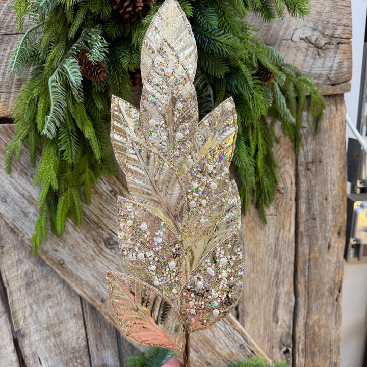 29" Champagne Leaf Spray, Pearl Glitter Christmas Pick, Holiday Wreath Filler