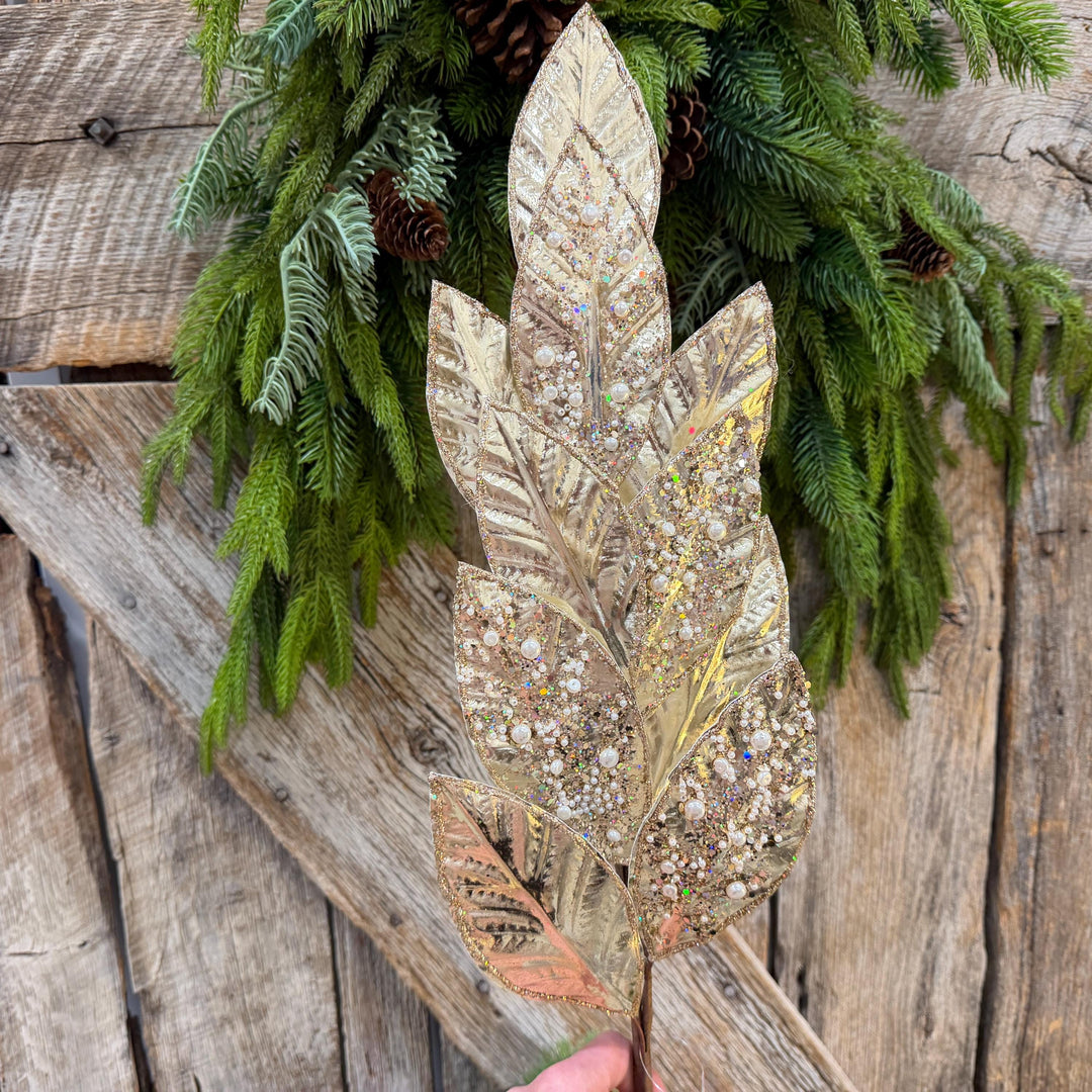 29" Champagne Leaf Spray, Pearl Glitter Christmas Pick, Holiday Wreath Filler