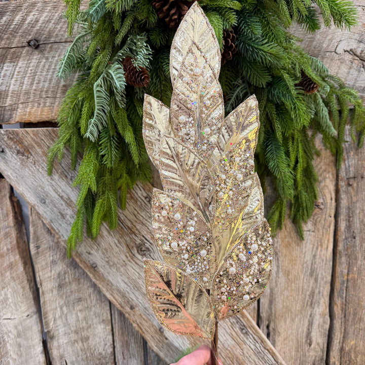 29" Champagne Leaf Spray, Pearl Glitter Christmas Pick, Holiday Wreath Filler