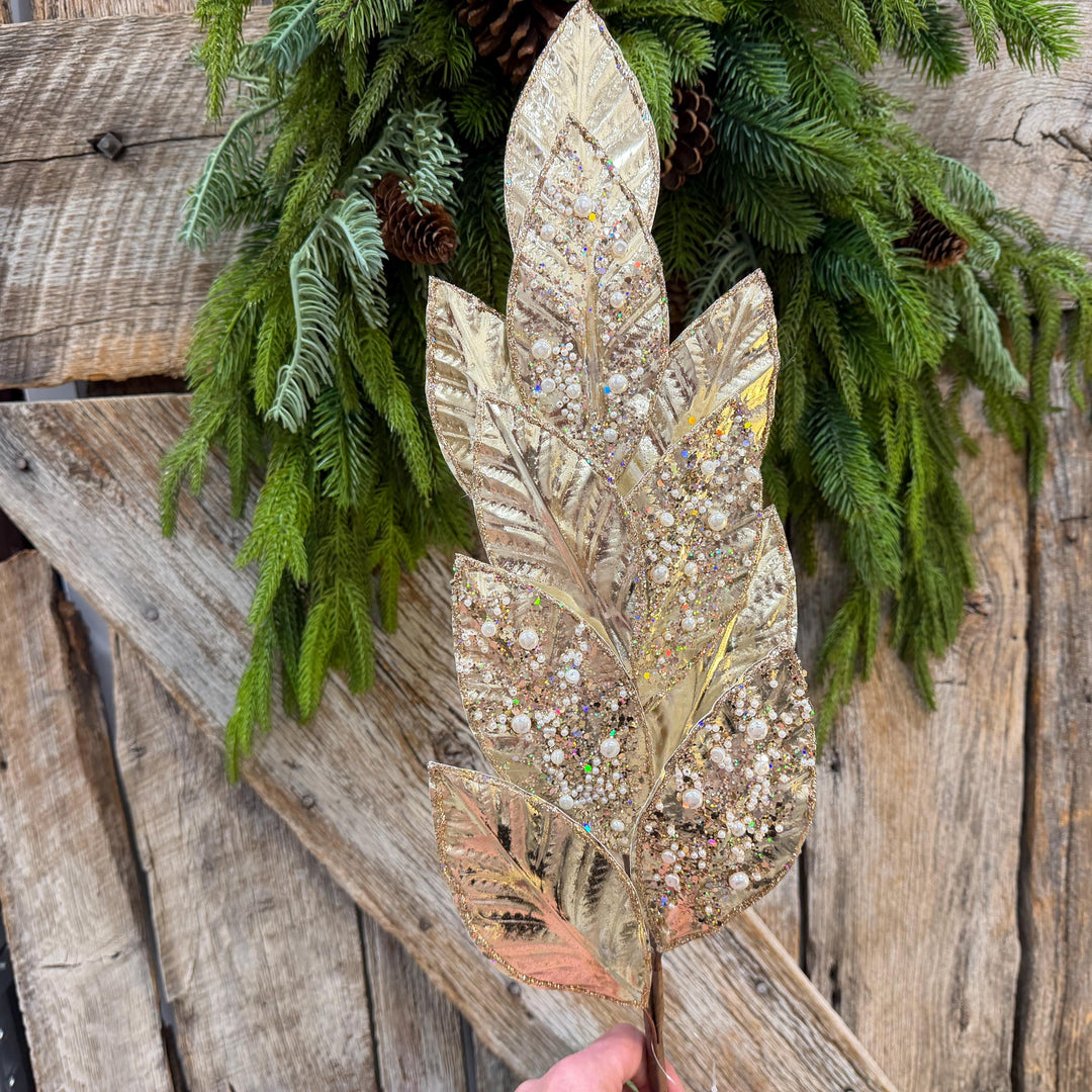 29" Champagne Leaf Spray, Pearl Glitter Christmas Pick, Holiday Wreath Filler