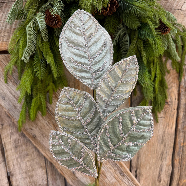 24" Light Aqua Blue Velvet Magnolia Leaf Spray, Celadon Christmas Spray