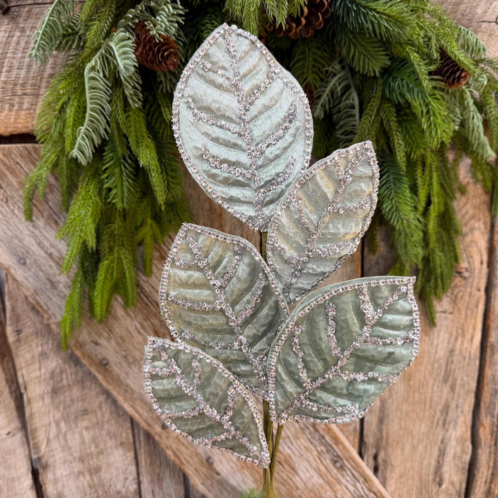 24" Light Aqua Blue Velvet Magnolia Leaf Spray, Celadon Christmas Spray