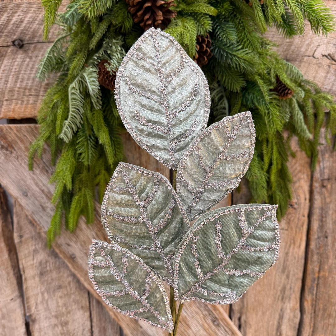 24" Light Aqua Blue Velvet Magnolia Leaf Spray, Celadon Christmas Spray