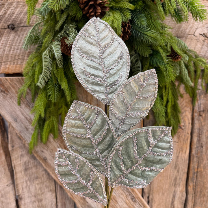 24" Light Aqua Blue Velvet Magnolia Leaf Spray, Celadon Christmas Spray