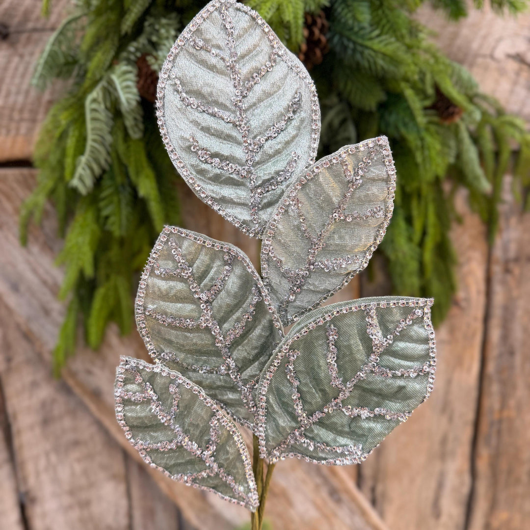 24" Light Aqua Blue Velvet Magnolia Leaf Spray, Celadon Christmas Spray