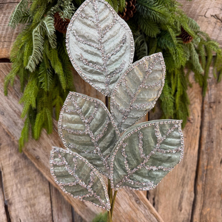 24" Light Aqua Blue Velvet Magnolia Leaf Spray, Celadon Christmas Spray