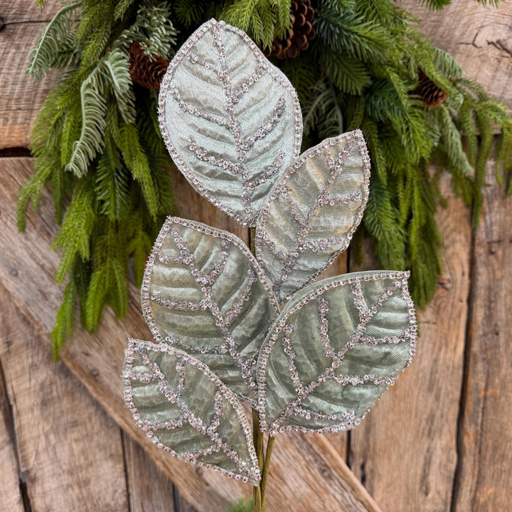 24" Light Aqua Blue Velvet Magnolia Leaf Spray, Celadon Christmas Spray