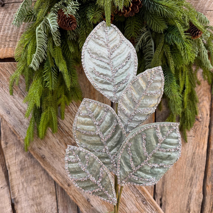 24" Light Aqua Blue Velvet Magnolia Leaf Spray, Celadon Christmas Spray