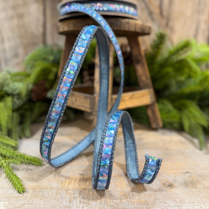3/4" Steel Blue Gemstone Ribbon, Farrisilk Aurora Gemstones, Blue Jeweled Ribbon