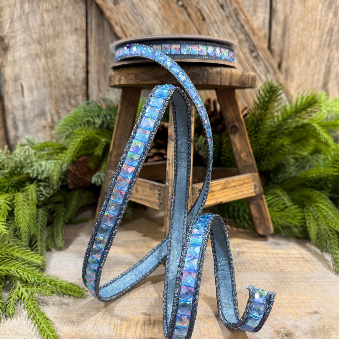3/4" Steel Blue Gemstone Ribbon, Farrisilk Aurora Gemstones, Blue Jeweled Ribbon