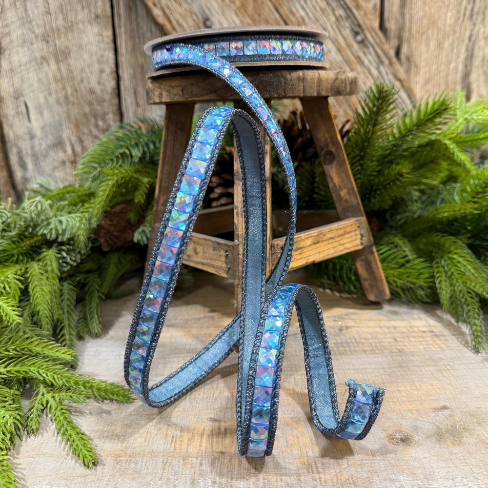 3/4" Steel Blue Gemstone Ribbon, Farrisilk Aurora Gemstones, Blue Jeweled Ribbon