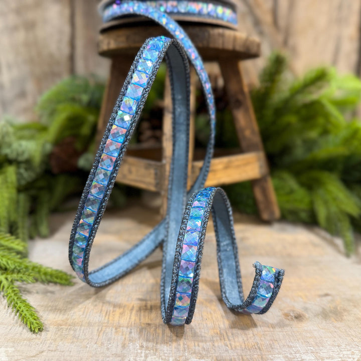 3/4" Steel Blue Gemstone Ribbon, Farrisilk Aurora Gemstones, Blue Jeweled Ribbon