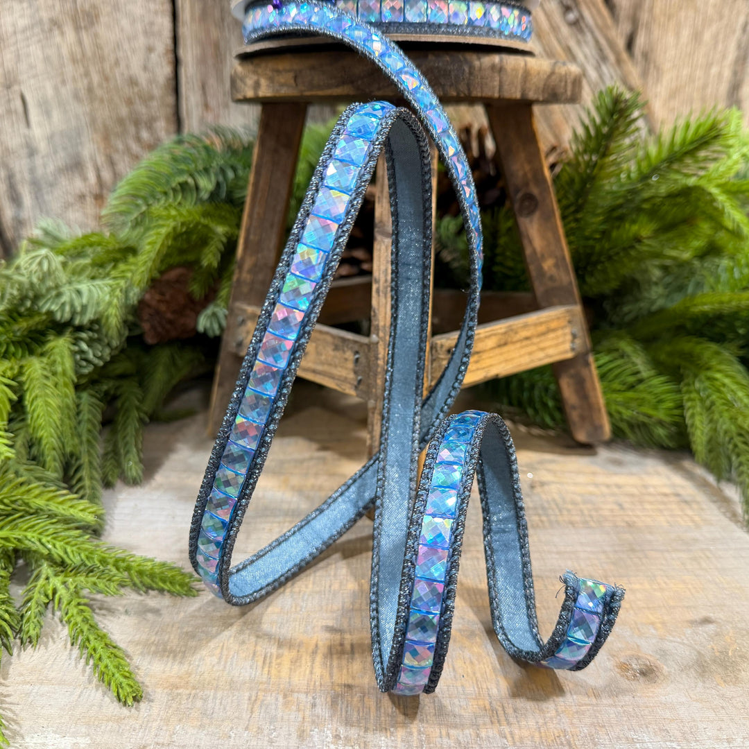 3/4" Steel Blue Gemstone Ribbon, Farrisilk Aurora Gemstones, Blue Jeweled Ribbon