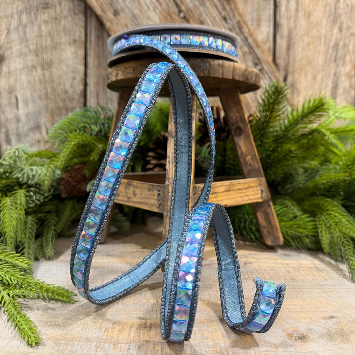 3/4" Steel Blue Gemstone Ribbon, Farrisilk Aurora Gemstones, Blue Jeweled Ribbon