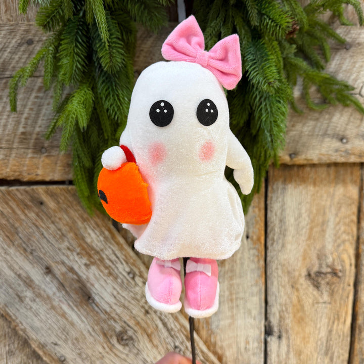 21" Girl Ghost Pumpkin Halloween Spray, Pink Bow Cute Spooky Decor