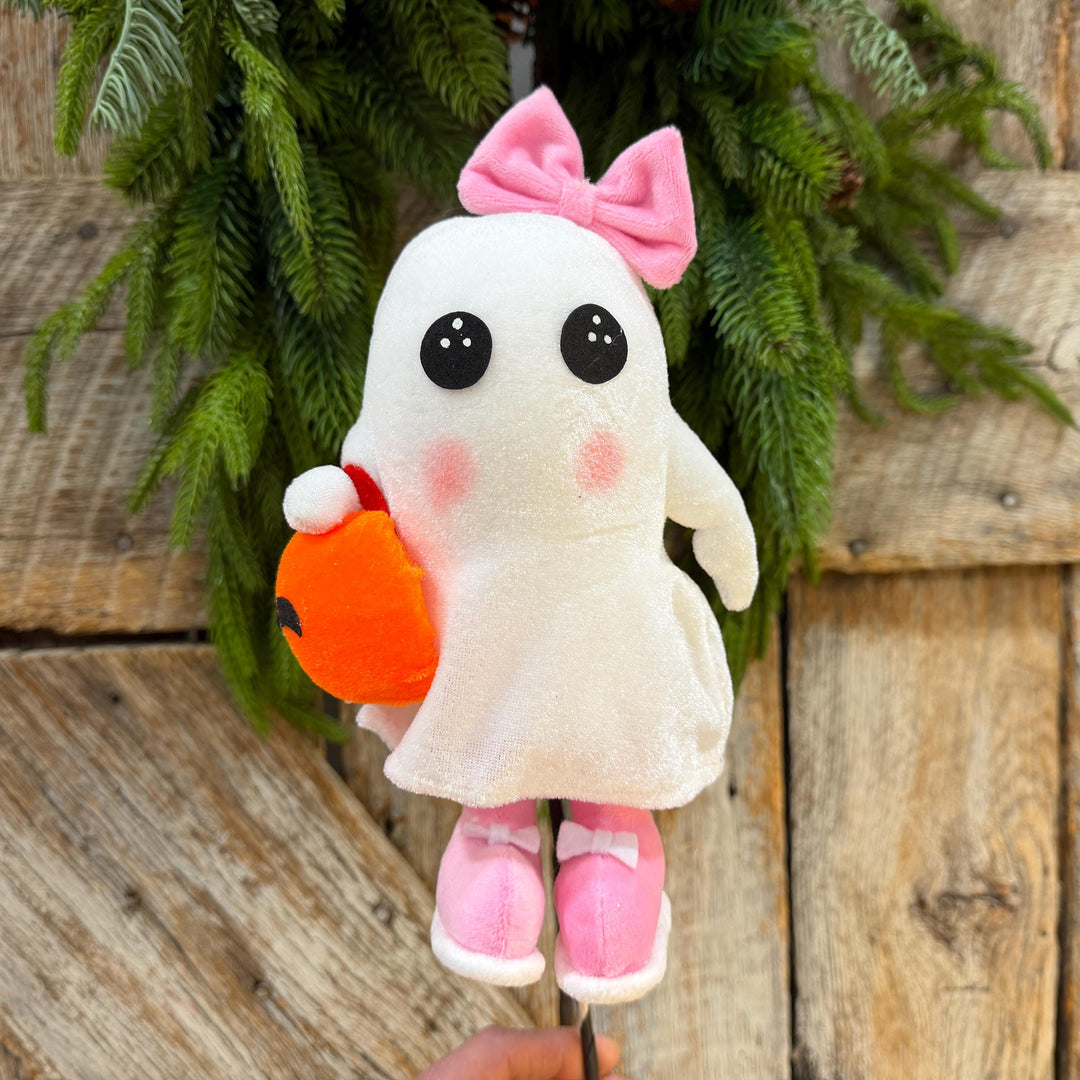 21" Girl Ghost Pumpkin Halloween Spray, Pink Bow Cute Spooky Decor