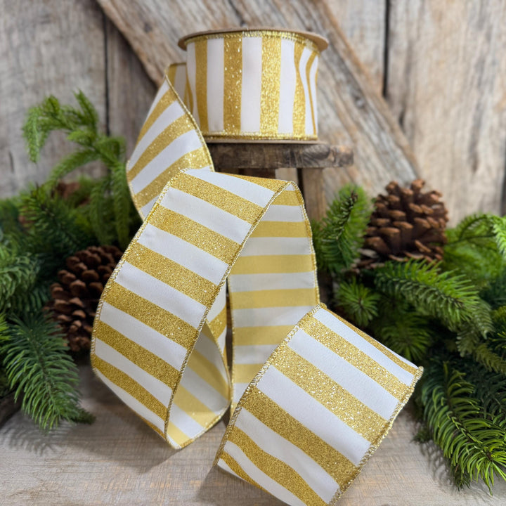 2.5" Gold and white striped ribbon, Christmas Ribbon