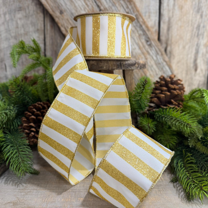 2.5" Gold and white striped ribbon, Christmas Ribbon