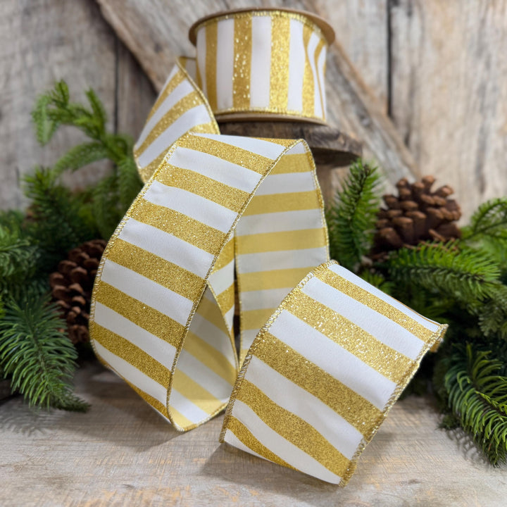 2.5" Gold and white striped ribbon, Christmas Ribbon