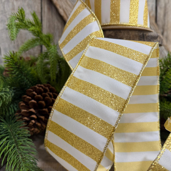 2.5" Gold and white striped ribbon, Christmas Ribbon