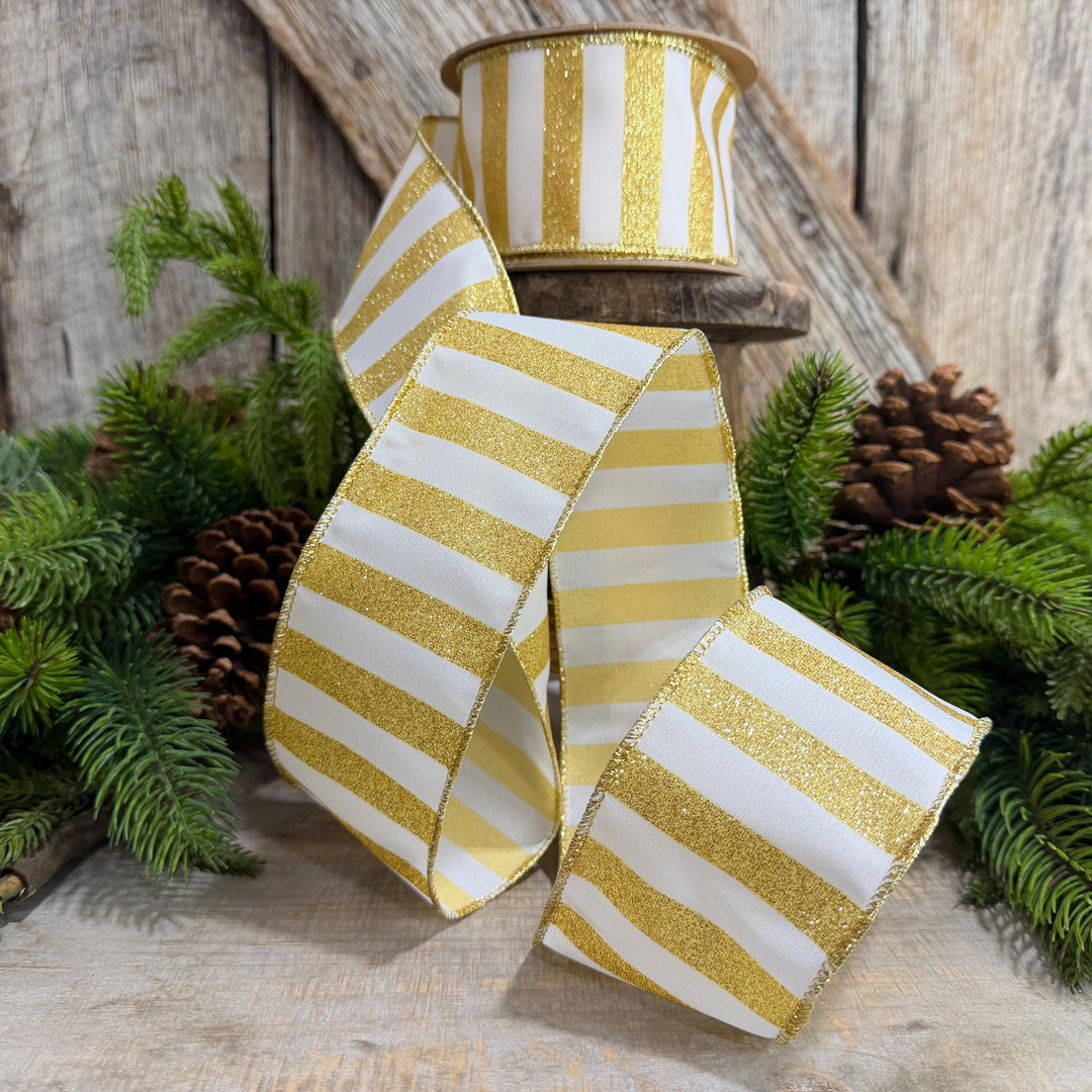 2.5" Gold and white striped ribbon, Christmas Ribbon