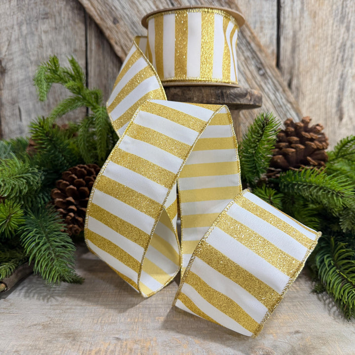 2.5" Gold and white striped ribbon, Christmas Ribbon