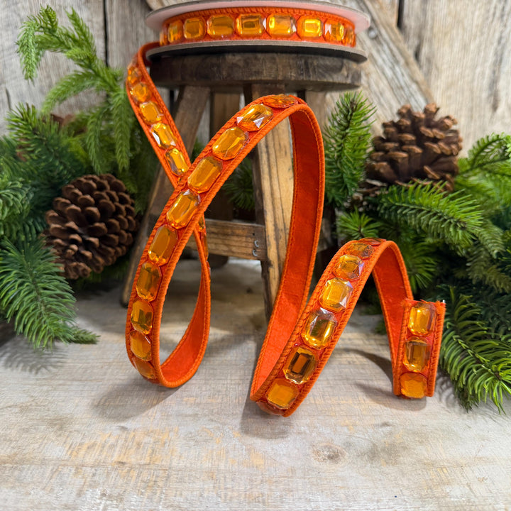 1" Orange Emerald Cut Ribbon, Orange Jeweled Ribbon, Farrisilk Ribbon, RJ017-52
