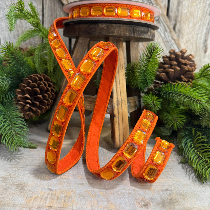 1" Orange Emerald Cut Ribbon, Orange Jeweled Ribbon, Farrisilk Ribbon, RJ017-52