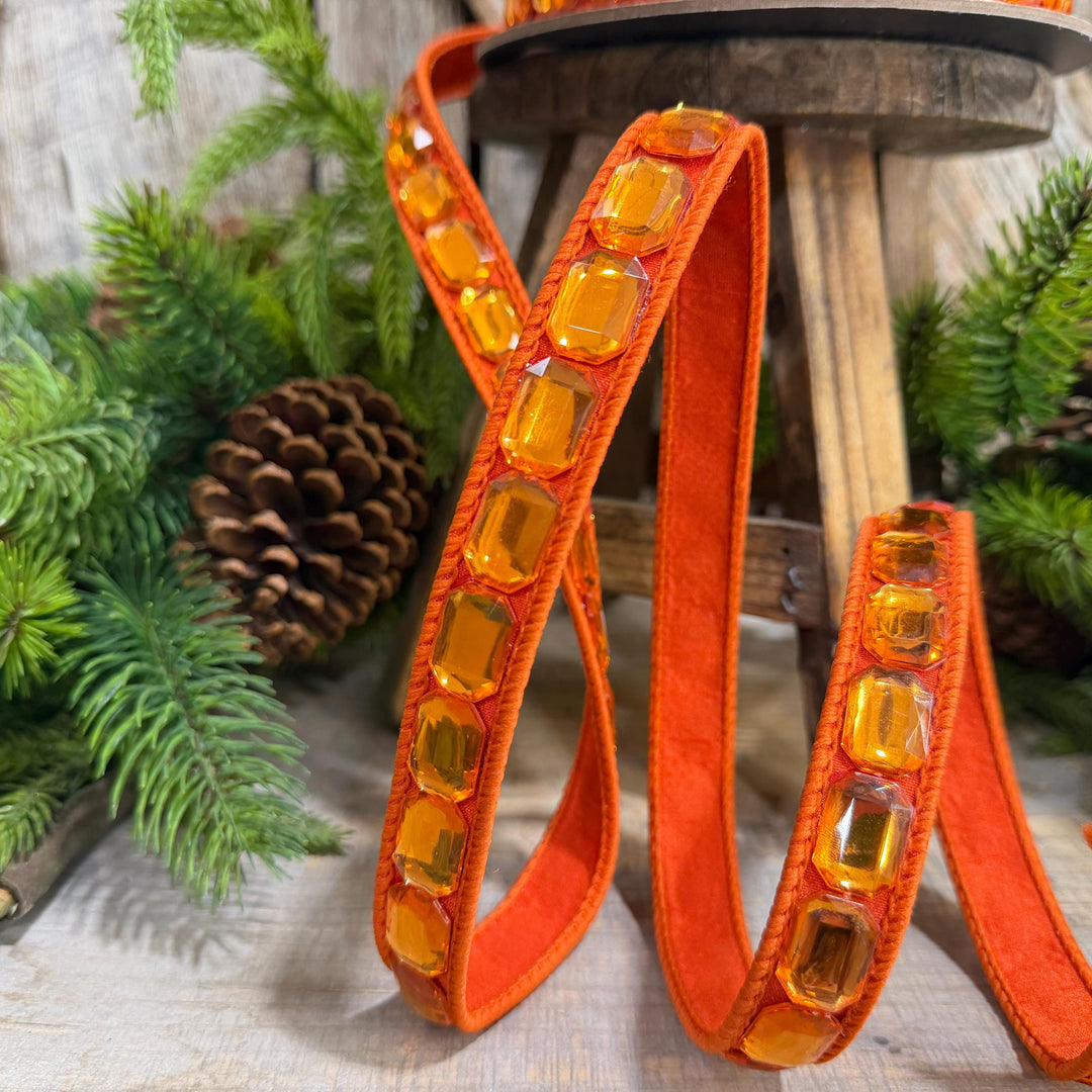 1" Orange Emerald Cut Ribbon, Orange Jeweled Ribbon, Farrisilk Ribbon, RJ017-52