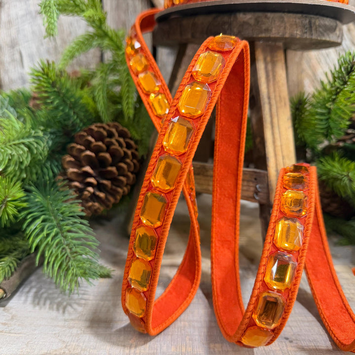 1" Orange Emerald Cut Ribbon, Orange Jeweled Ribbon, Farrisilk Ribbon, RJ017-52