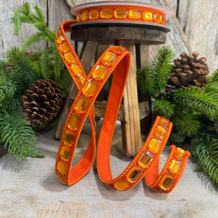 1" Orange Emerald Cut Ribbon, Orange Jeweled Ribbon, Farrisilk Ribbon, RJ017-52