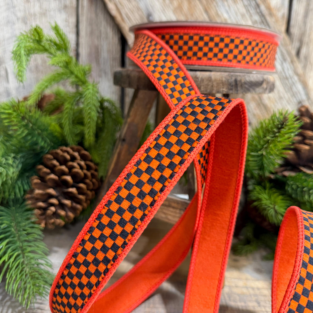 1" Orange Black Check Ribbon, Halloween Ribbon, Fall Ribbon, Farrisilk Kitschy Checks, RK848-87