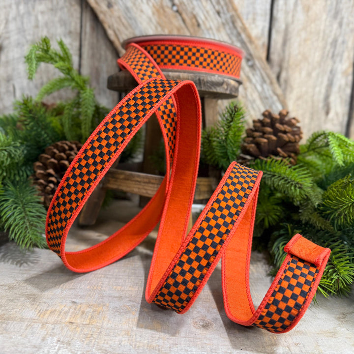 1" Orange Black Check Ribbon, Halloween Ribbon, Fall Ribbon, Farrisilk Kitschy Checks, RK848-87
