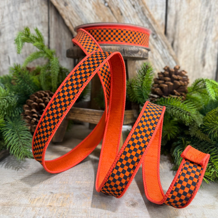 1" Orange Black Check Ribbon, Halloween Ribbon, Fall Ribbon, Farrisilk Kitschy Checks, RK848-87
