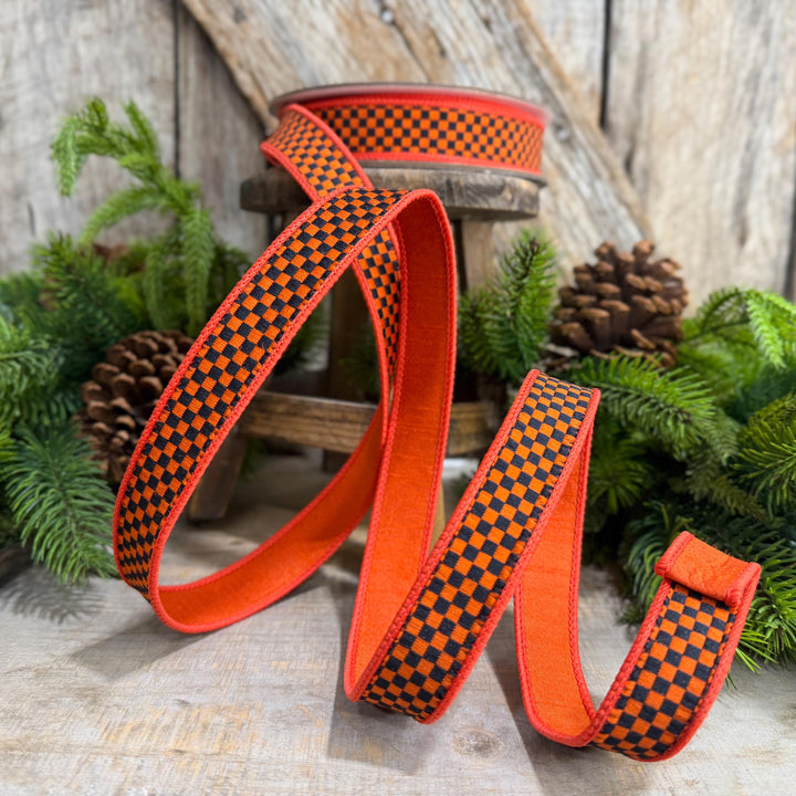 1" Orange Black Check Ribbon, Halloween Ribbon, Fall Ribbon, Farrisilk Kitschy Checks, RK848-87