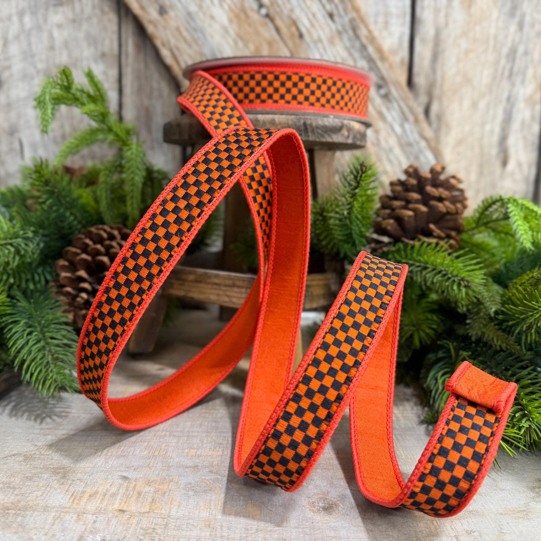 1" Orange Black Check Ribbon, Halloween Ribbon, Fall Ribbon, Farrisilk Kitschy Checks, RK848-87