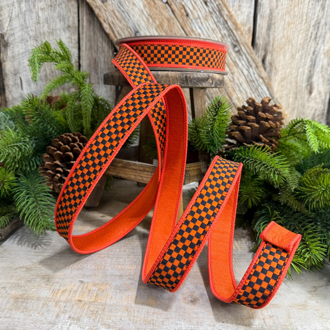 1" Orange Black Check Ribbon, Halloween Ribbon, Fall Ribbon, Farrisilk Kitschy Checks, RK848-87