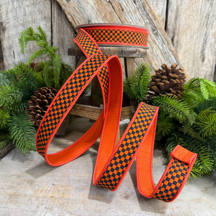 1" Orange Black Check Ribbon, Halloween Ribbon, Fall Ribbon, Farrisilk Kitschy Checks, RK848-87