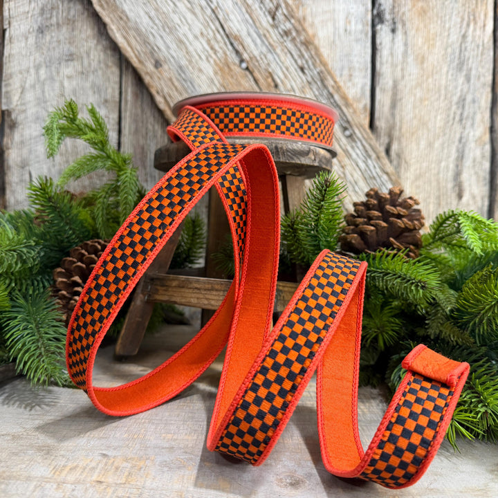1" Orange Black Check Ribbon, Halloween Ribbon, Fall Ribbon, Farrisilk Kitschy Checks, RK848-87