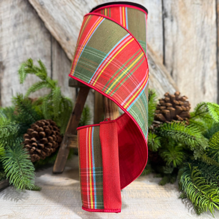 4" Traditional Christmas Plaid Ribbon, Wired Ribbon, Red Green Chirstmas Plaid RIbbon
