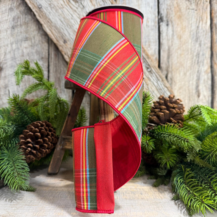 4" Traditional Christmas Plaid Ribbon, Wired Ribbon, Red Green Chirstmas Plaid RIbbon